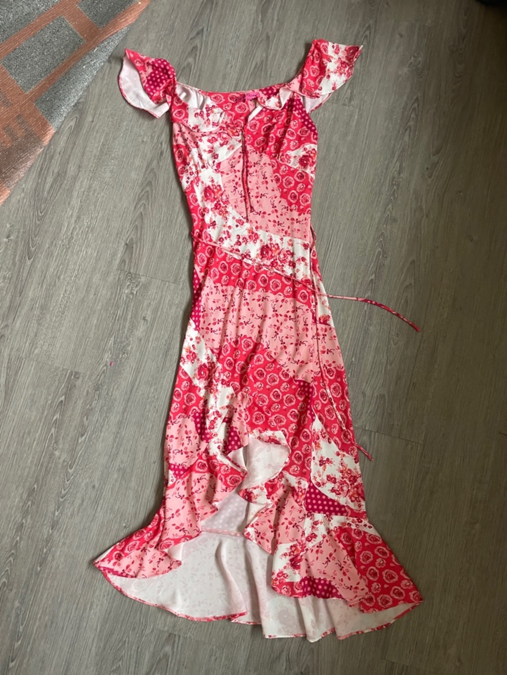 Betsy Johnson - Pink Patchwork Floral Ruffle Hi Low Hem Dress